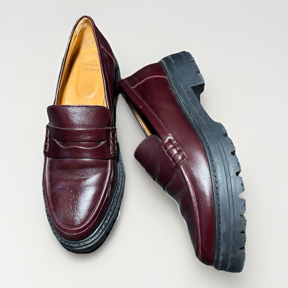 Sézane Albane Loafers Glossy Burgundy Leather Thick Lug Sole Shoes EU 40 US 9 - Picture 2 of 14